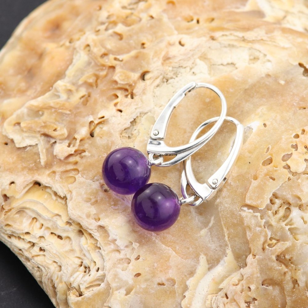Silver (925) earrings with purple natural amethyst, diameter 8mm - Picture 1 of 12